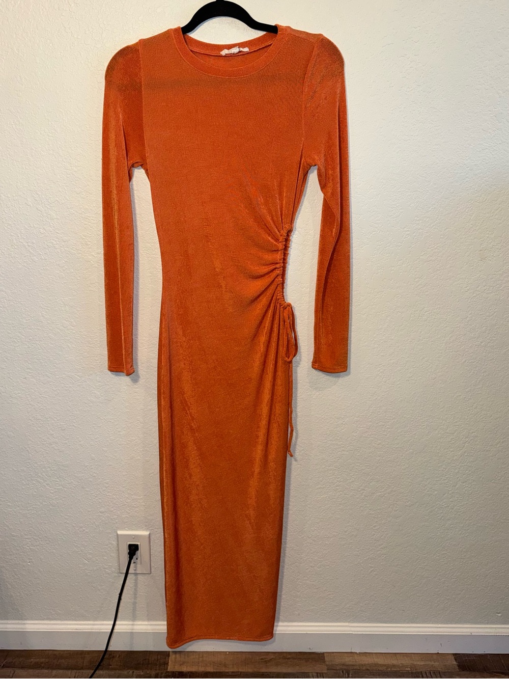 12TH Tribe Orange Bodycon Long Sleeve Stretch Ruched Side Cut Out Midi Dress M - Picture 2 of 6